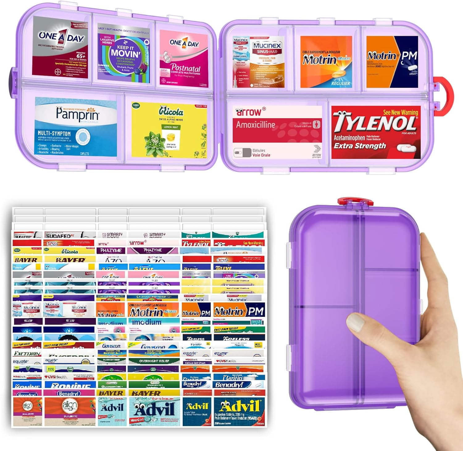 Sesiiduo Large Pill Organizer, Travel Pill Organizer with Medicine Labels, Daily Pill Container Storage, Travel Essentials Pill Case, Purple